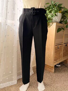 Zara Belted High-Waisted Tapered Trousers Black - Size M (Fits Small)